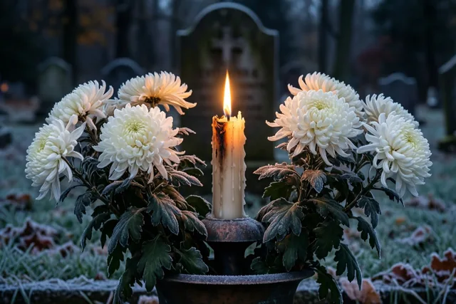 Een brandende kaars in een bronzen houder staat tussen witte chrysanten met rijp op hun bladeren en stengels, op een begraafplaats in de vroege novemberochtend.