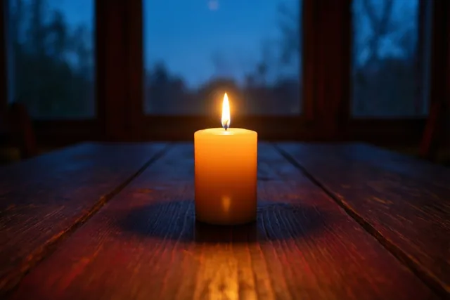 Een enkele kaars brandt op een donkere houten tafel voor een wazig raam met een schemerblauwe lucht.