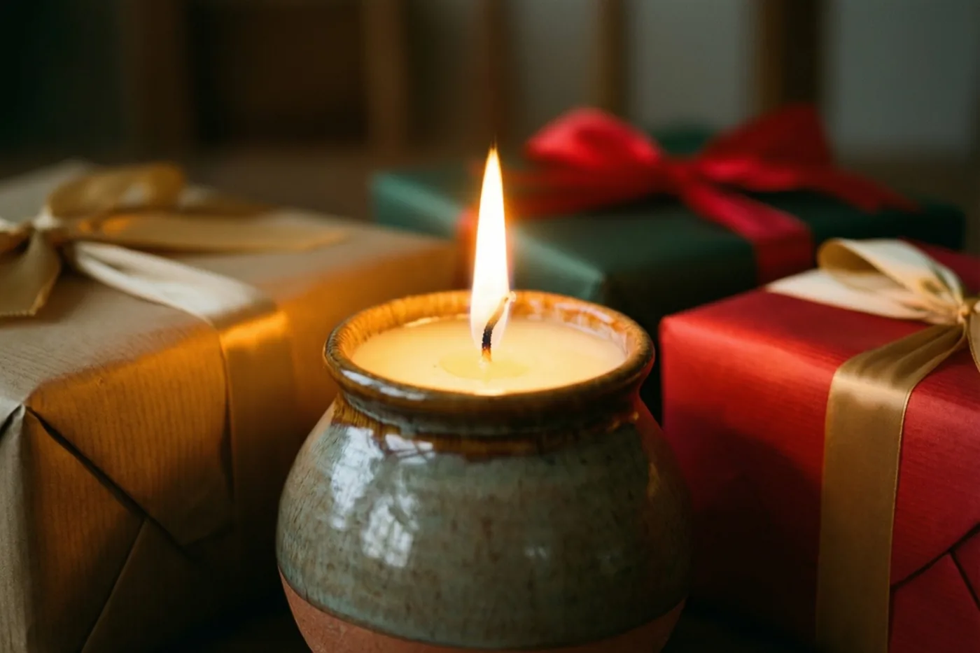 Een brandende kaars in een keramieken pot staat voor ingepakte cadeautjes in een warm verlichte compositie met rode, gouden en aardebruine tinten.