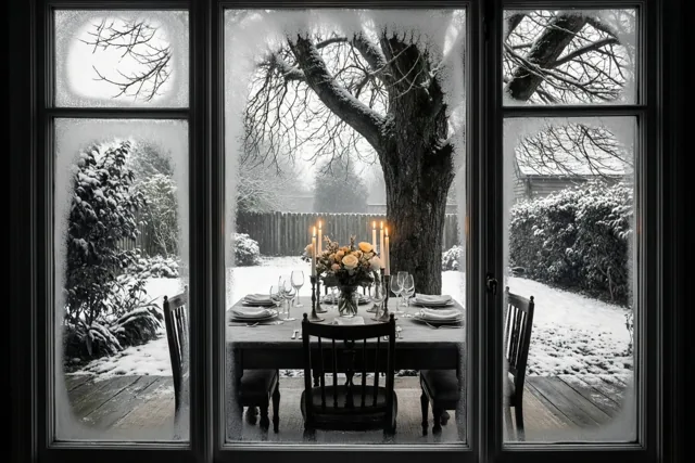 Vanuit een besneeuwde tuin is door een raam met meerdere ruiten een tafel met borden, glazen en brandende kaarsen te zien in een monochroom beeld met warm kaarslicht.