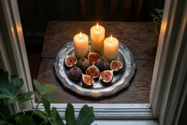 Door een raamkozijn is een tinnen bord met brandende dinerkaarsen en gehalveerde verse vijgen op een donkere houten tafel te zien.