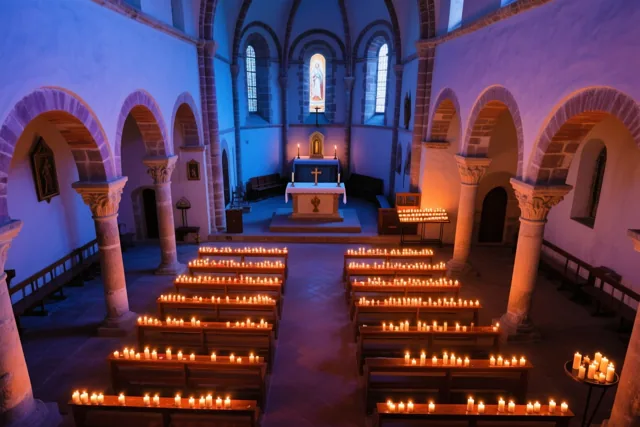 Rijen brandende offerkaarsen staan op houten banken gericht naar een altaar in een romaanse kerk, met blauw licht van glasramen.
