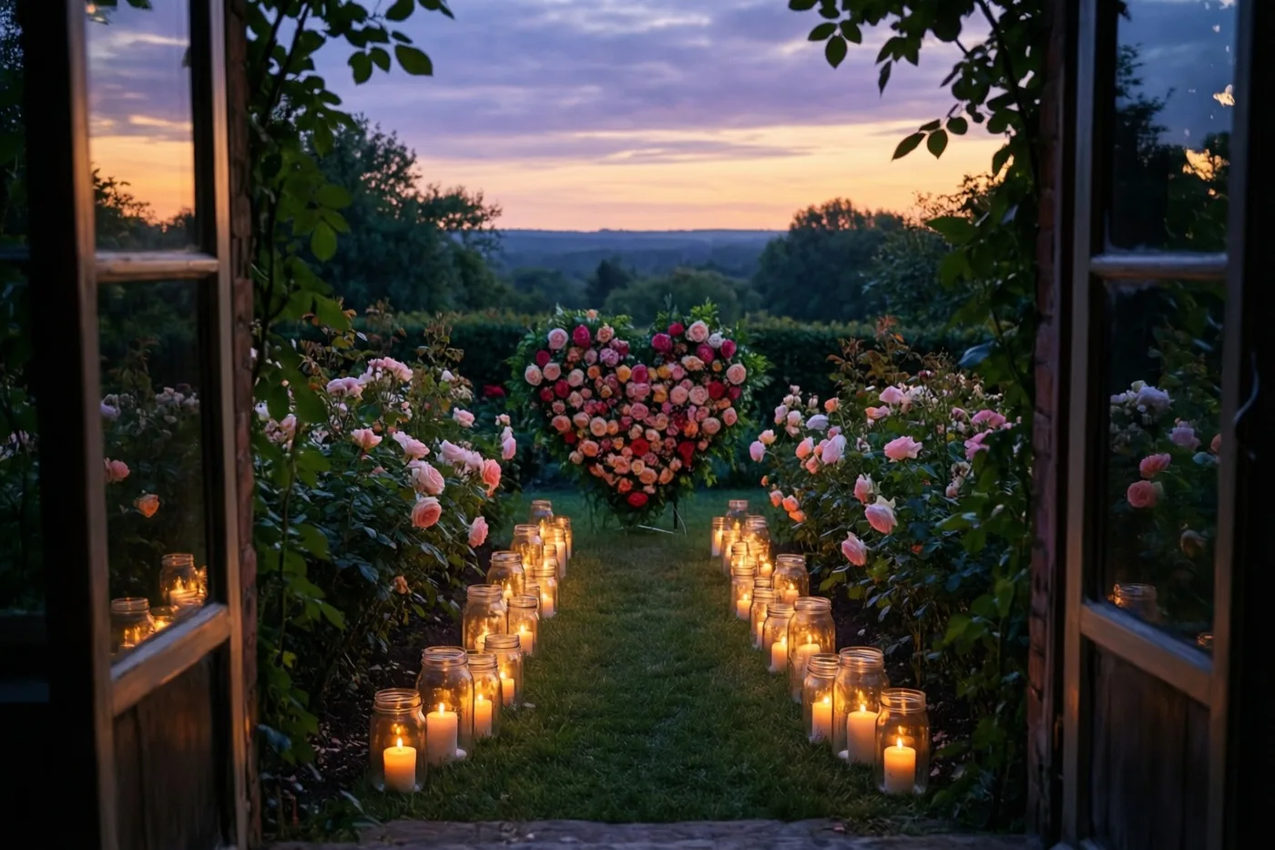 Door een open deuropening is een tuinpad met kaarsen in glazen potten te zien dat naar een groot hart van rozen leidt, onder een paarse en oranje avondhemel.
