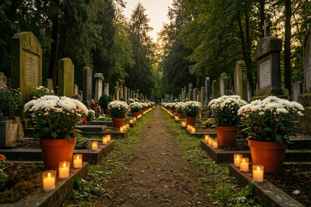 Een pad op een boomrijke begraafplaats is in de schemering aan beide kanten omzoomd met kleine brandende kaarsen en potten witte chrysanten, tussen hoge bomen en verweerde grafstenen.