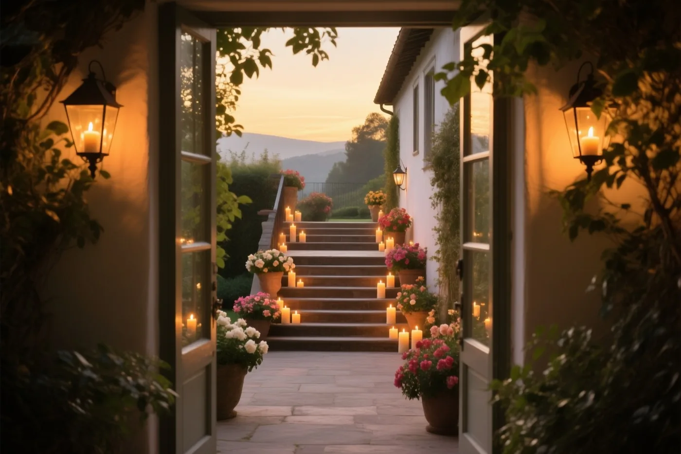 Een open deuropening omlijst een stenen trap met brandende kaarsen en bloemen in potten, verlicht door goudkleurig zonsonderganglicht en lantaarns.