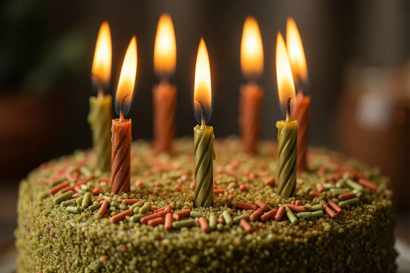 Een close-up toont brandende verjaardagskaarsjes op een taart met groene en oranje suikerstrooisels tegen een zacht wazige achtergrond.