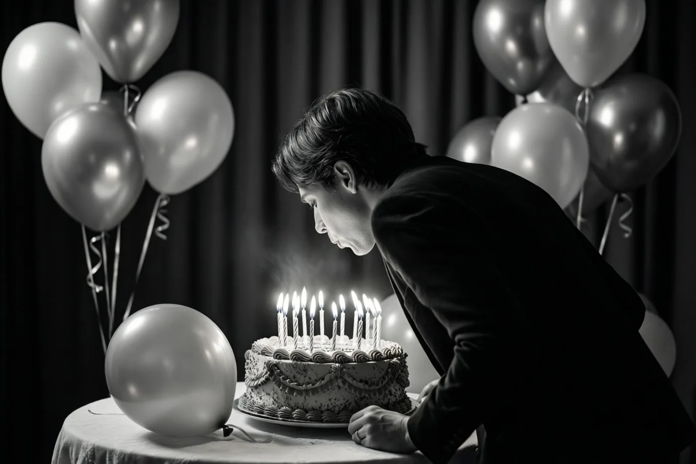 Op een monochrome foto buigt een persoon in een donker pak zich over een verjaardagstaart om de kaarsjes uit te blazen, met zilveren ballonnen rond de tafel en een donker gordijn achteraan.