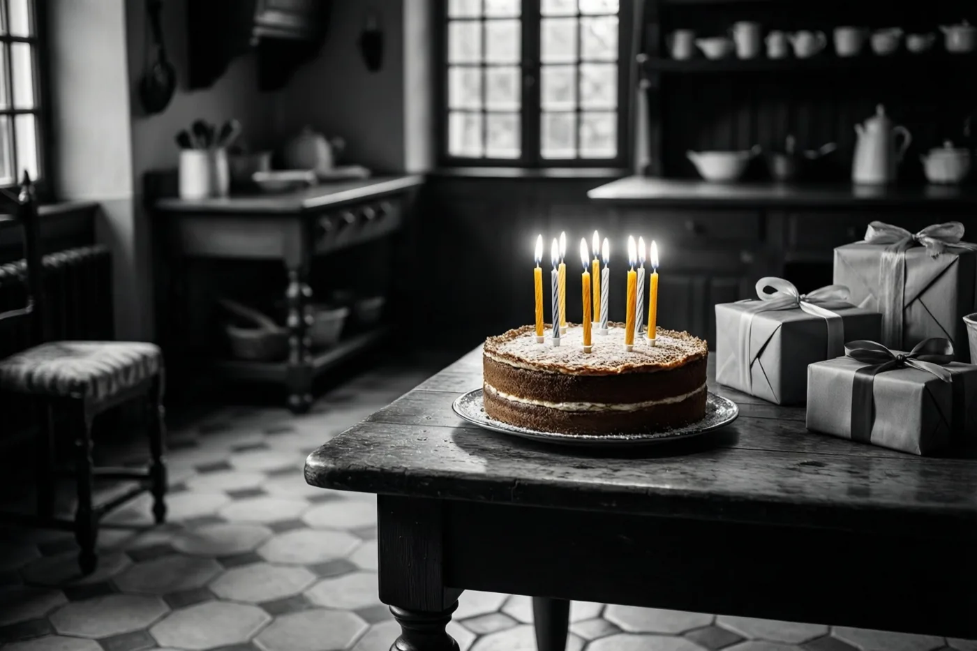 Een verjaardagstaart met brandende kaarsjes en ingepakte cadeaus staan op een houten tafel in een traditionele Vlaamse keuken met een tegelvloer, donkere houten meubels en ramen op de achtergrond.