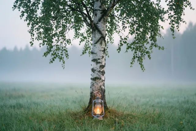 Een berk staat alleen in een mistig groen veld onder een bleke lucht, met een brandende kaarslantaarn aan de voet van de boom.