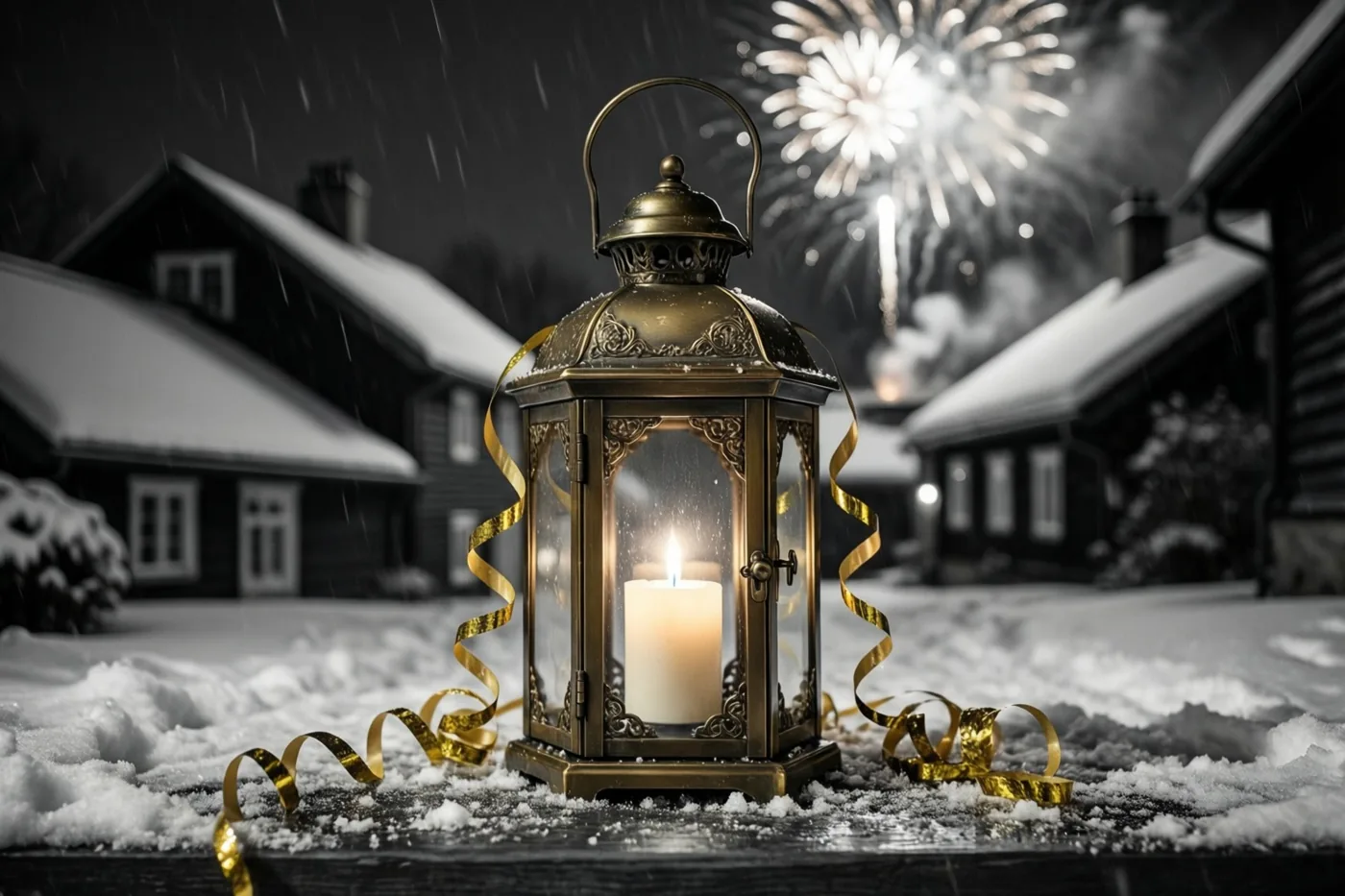 Een messing lantaarn met een brandende kaars staat tussen gouden slingers op een besneeuwde drempel, met besneeuwde huizen en zwak vuurwerk op de achtergrond.