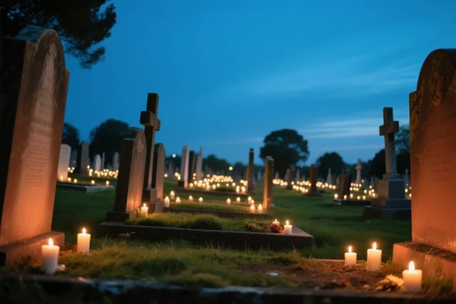 Honderden kleine kaarsen branden op de graven van een kerkhof met groen gras onder een diepblauwe avondhemel.