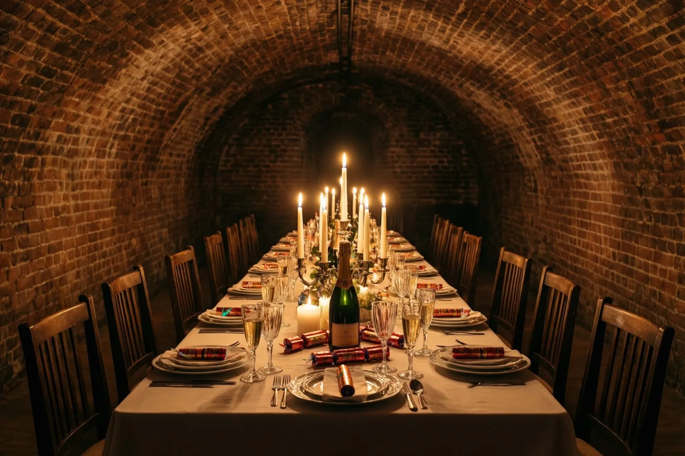 Een lange tafel met champagneglazen en veel brandende kaarsen staat gedekt voor een oudejaarsdiner in een bakstenen gewelfkelder.