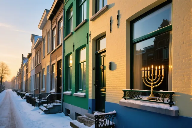 Kleurrijke rijhuizen staan langs een besneeuwde straat bij zonsondergang, met een gouden kandelaar met brandende kaarsen op een besneeuwde vensterbank.