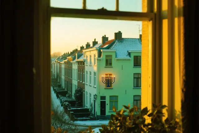 Door een raamkozijn zijn besneeuwde Antwerpse rijhuizen te zien op een winteravond, met een brandende kandelaar in het raam van een lichtgroen huis.
