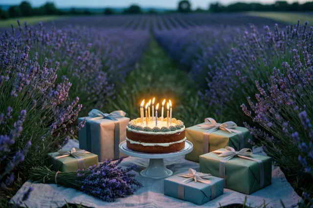 Verjaardagskaarsjes tussen de lavendel