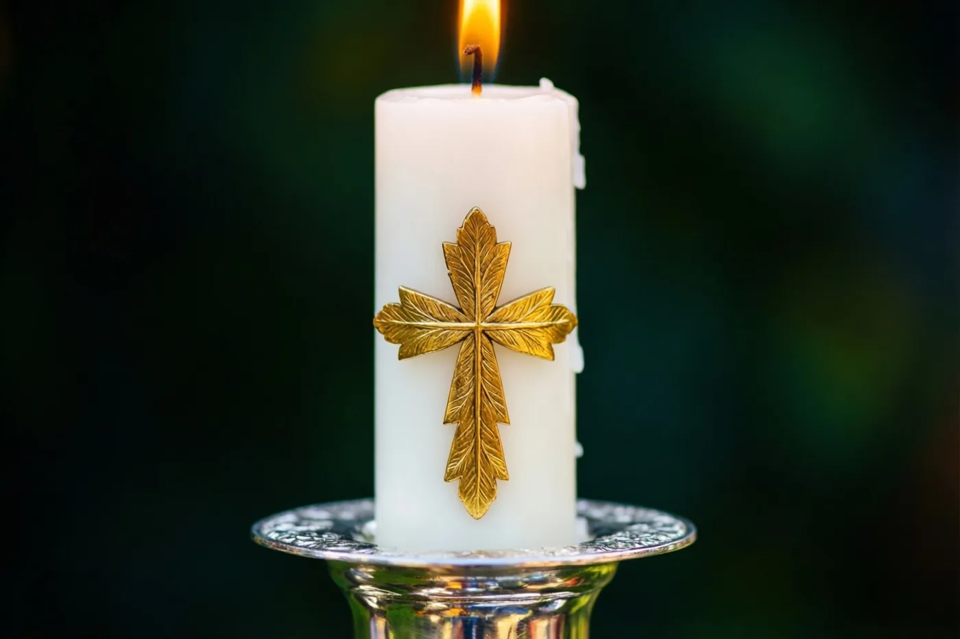 Een witte doopkaars met een kruis van bladgoud brandt in een zilveren kandelaar, waarbij de vlam en glanzende oppervlakken afsteken tegen de donkere achtergrond.