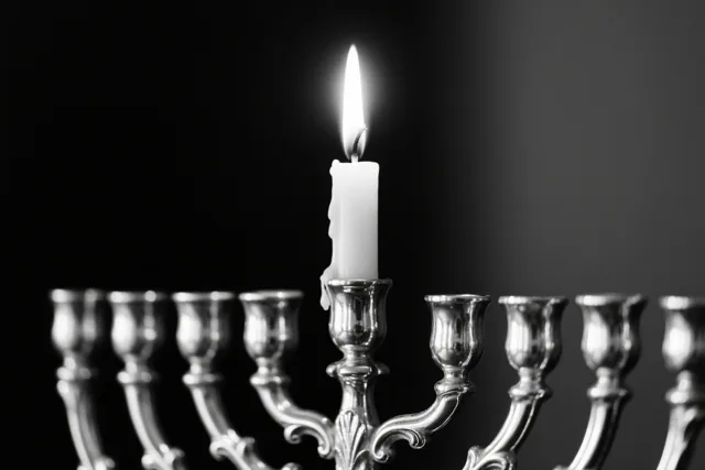 Een monochrome close-up toont een brandende kaarsvlam op een zilveren chanoekia, met de hogere sjammasj scherp in beeld tegen een donkere achtergrond.