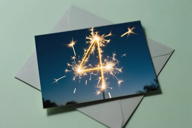 Een wenskaart met een gouden 4 van sterretjes tegen een donkerblauwe lucht ligt op een lichtgroene ondergrond, met een grijze envelop eronder.