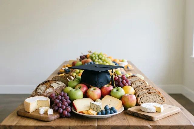 Een lange houten tafel vol verschillende kazen, vers fruit en gesneden brood met een zwart afstudeerhoedje in het midden staat in een lichte sobere kamer met een witte muur.