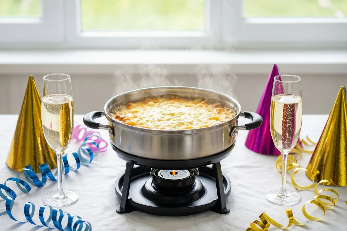 Een metalen pot dampende kaasfondue staat op een brandertje op een wit tafelkleed tussen champagneglazen, kleurrijke feesthoedjes en metallic slingers bij een raam met daglicht.