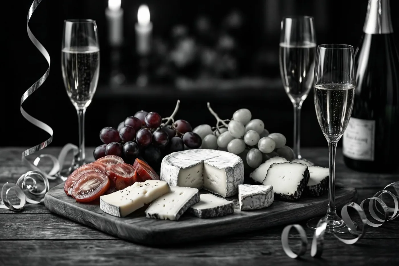 Een zwart-witfoto toont een kaas- en charcuterieplank met druiven, champagneglazen en krulslingers op een houten tafel.