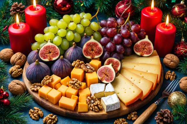 Een houten schaal met plakjes kaas, blokjes oranje kaas, vijgen, druiven en walnoten staat tussen rode kaarsen, dennentakken en kerstversieringen tegen een donkerblauwe achtergrond.