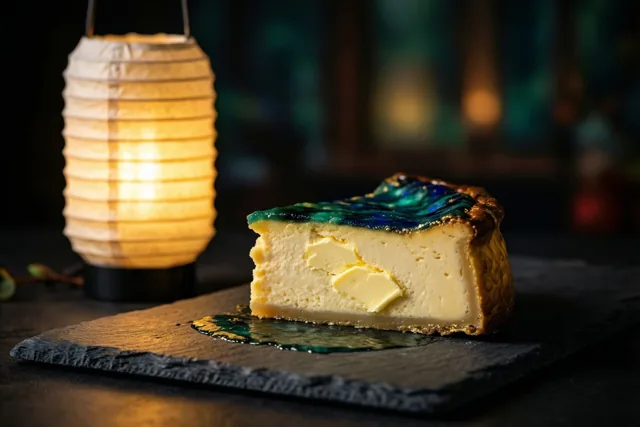Een stuk romige kaastaart met boter en blauwgroen glazuur ligt op een donkere leisteen, verlicht door een brandende papieren lantaarn.