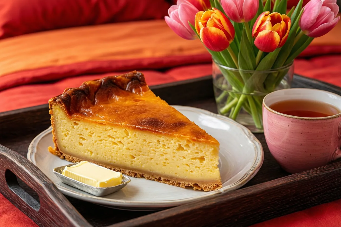 Een stuk kaastaart met een klontje boter ligt op een wit bord op een donker houten dienblad naast een roze gespikkeld theekopje en een glazen vaas met roze en oranje tulpen, op rood en oranje beddengoed.