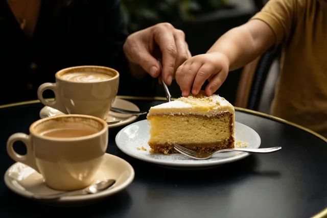 Een moederhand en een kinderhand reiken naar een stuk kaastaart op een donkere cafétafel met twee kopjes koffie in warm licht.