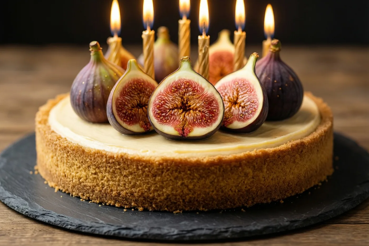 Een eenvoudige kaastaart met goudbruine korst en verse hele en gesneden vijgen staat tussen brandende kaarsen op een donkere leisteen op een houten oppervlak in warm licht.