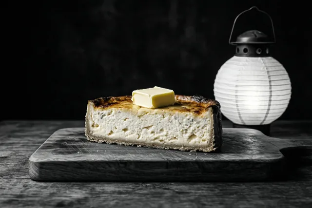Een stuk romige kaastaart met een klontje boter ligt op een donkere houten plank naast een lichtgevende witte papieren lantaarn tegen een zwarte achtergrond.