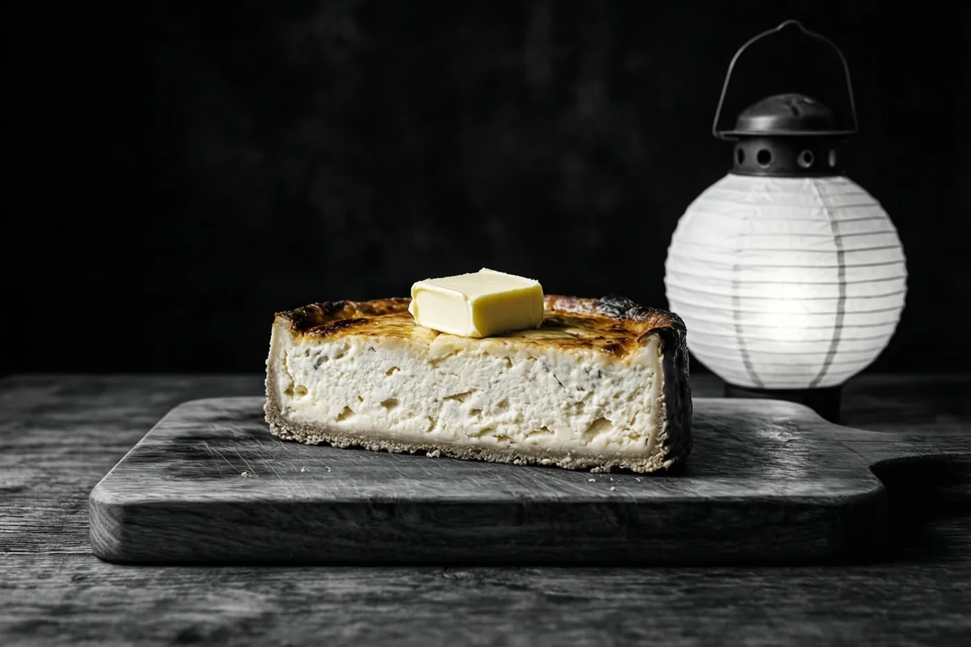 Een stuk romige kaastaart met een klontje boter ligt op een donkere houten plank naast een lichtgevende witte papieren lantaarn tegen een zwarte achtergrond.