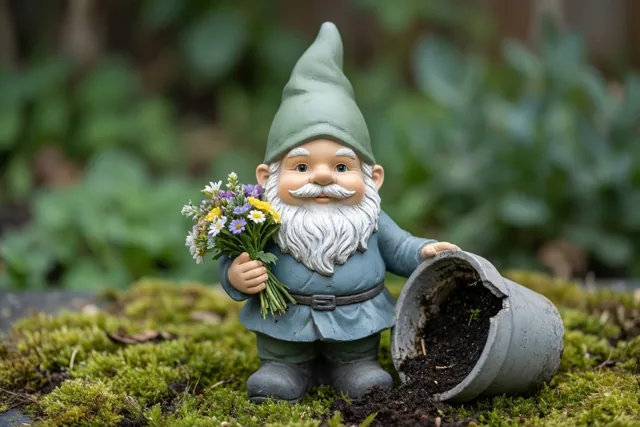 Een tuinkabouter met een witte baard en groene muts houdt een kleurrijk boeketje vast naast een gebroken grijze bloempot op een bed van mos.