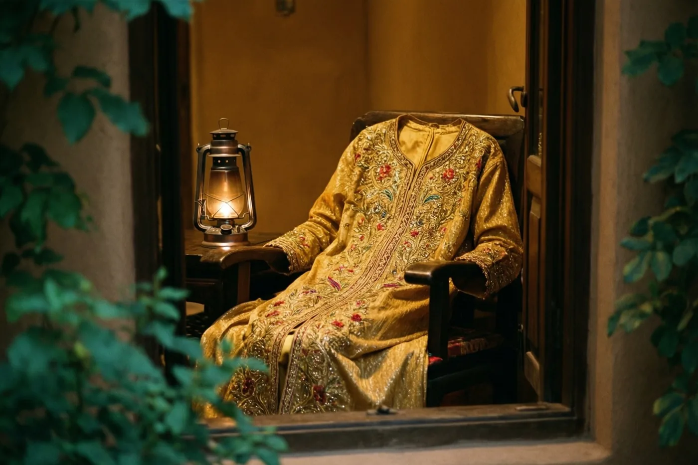Door een raam is een kaftan met goudborduurwerk over een houten stoel naast een brandende lantaarn in een warm verlichte kamer te zien, met groen op de voorgrond.