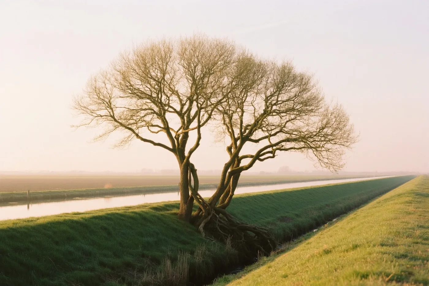 Een boom met kale, verstrengelde takken staat op een met gras begroeide polderdijk naast een rustig kanaal in zacht warm licht.