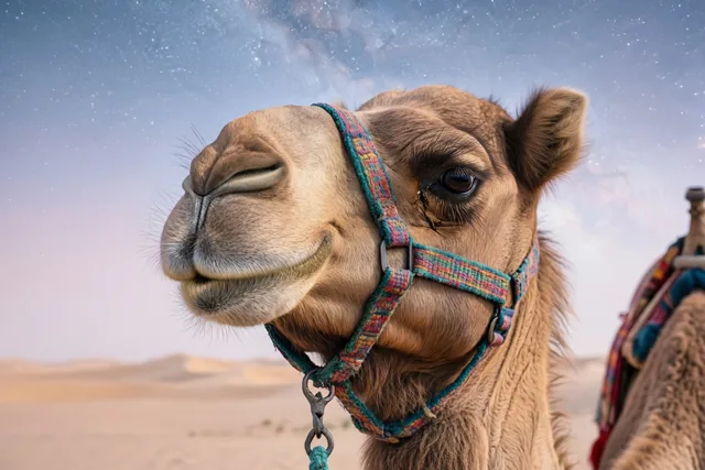 Een kameel met lange wimpers en een kleurrijk tuig is van dichtbij te zien tegen een sterrenhemel boven een woestijnlandschap.