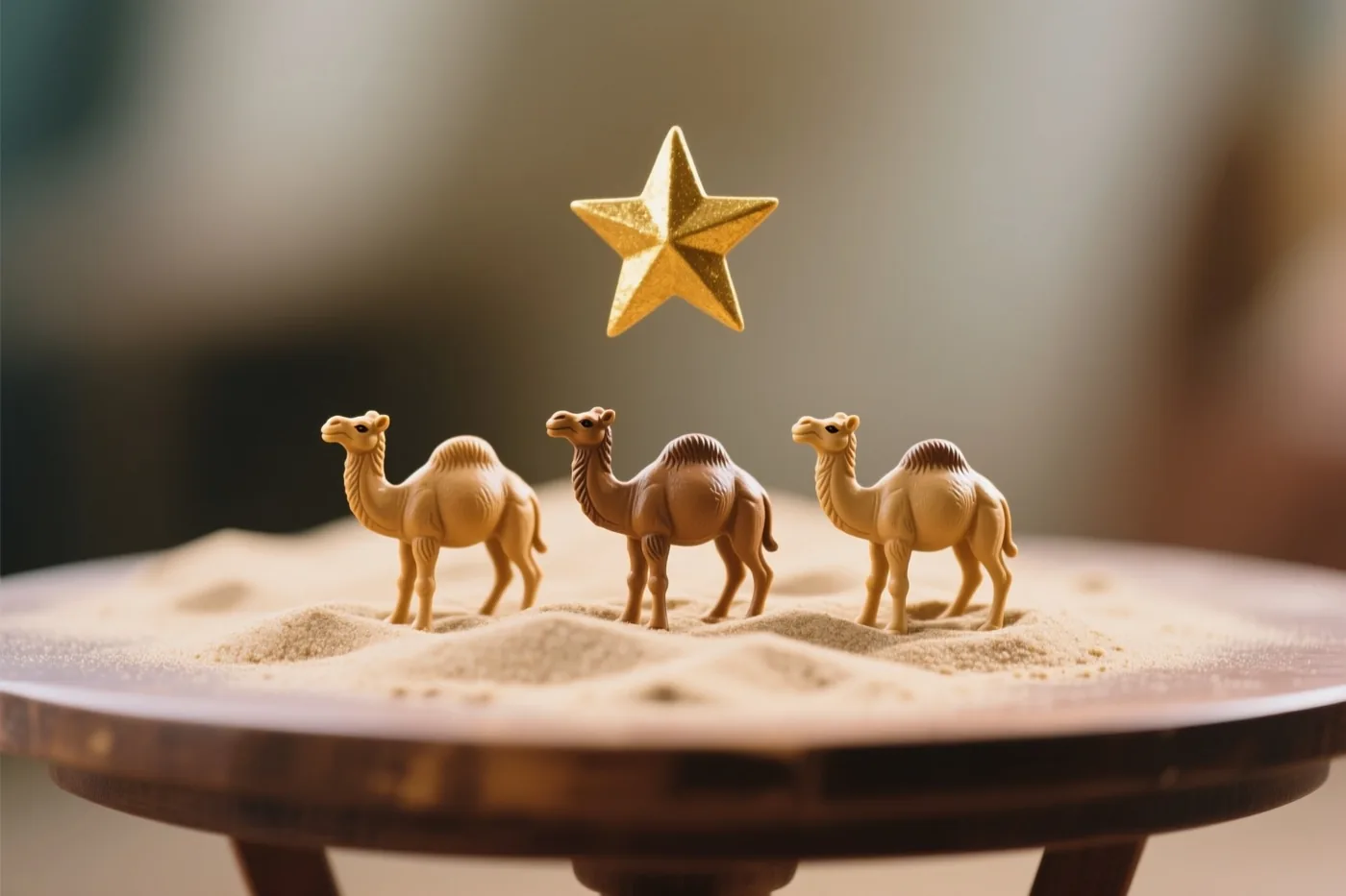 Drie kameelbeeldjes staan op een laagje zand op een houten tafel, met een gouden ster erboven.