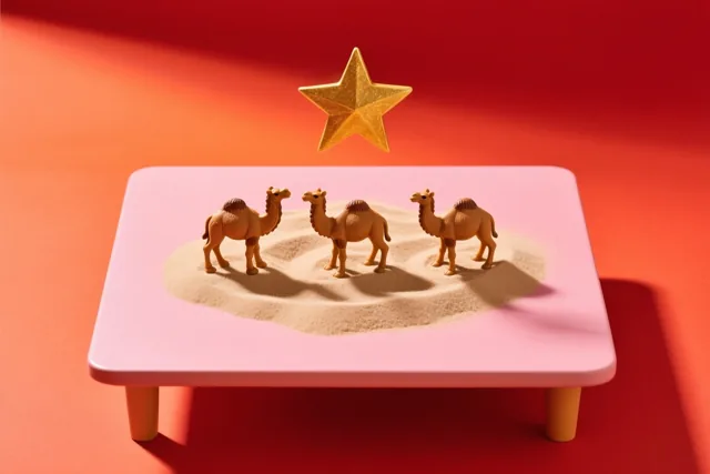 Drie kameelbeeldjes staan op een hoopje zand op een roze tafel, onder een gouden ster tegen een roodoranje achtergrond met kleurverloop.