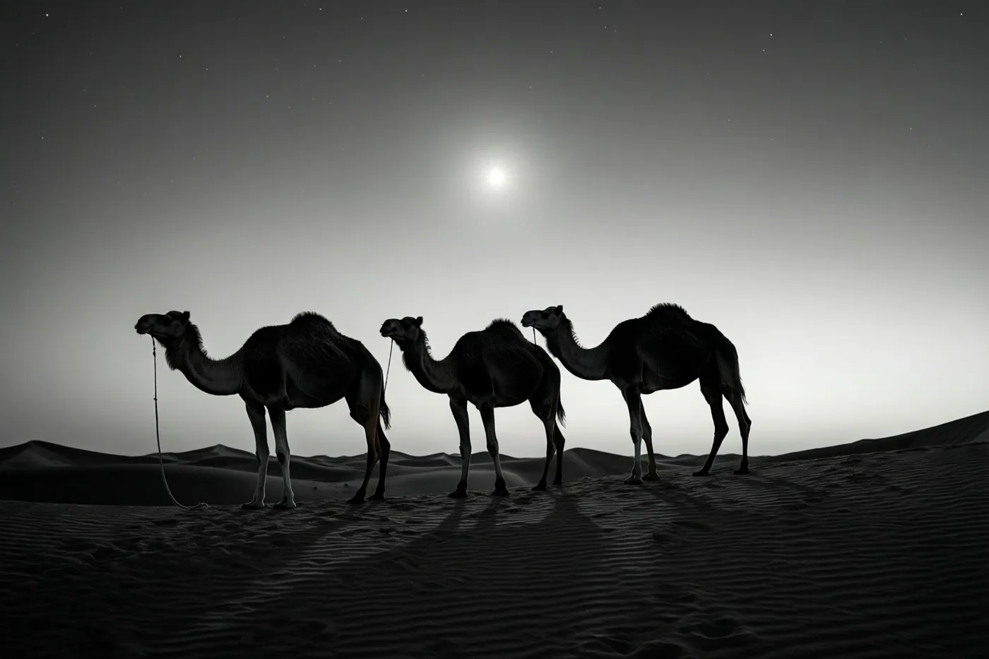 Drie kamelen staan als silhouetten op een woestijnduin onder een heldere ster aan een donkere hemel, weergegeven in tinten van één kleur.