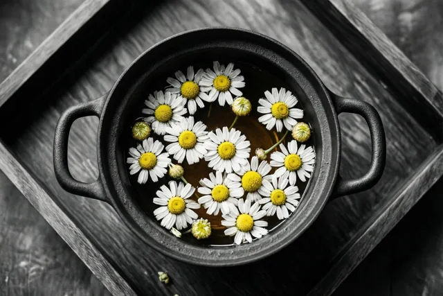 Een zwarte keramische pot met kamillethee en verse kamillebloemen staat op een donker houten dienblad in een zwart-witbeeld waarin alleen de gele bloemhartjes gekleurd zijn.