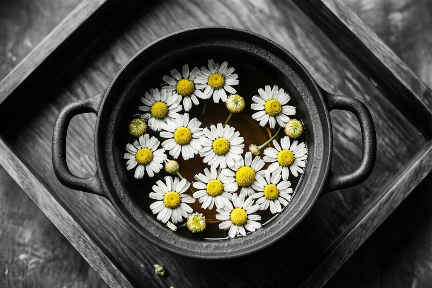 Een zwarte keramische pot met kamillethee en verse kamillebloemen staat op een donker houten dienblad in een zwart-witbeeld waarin alleen de gele bloemhartjes gekleurd zijn.