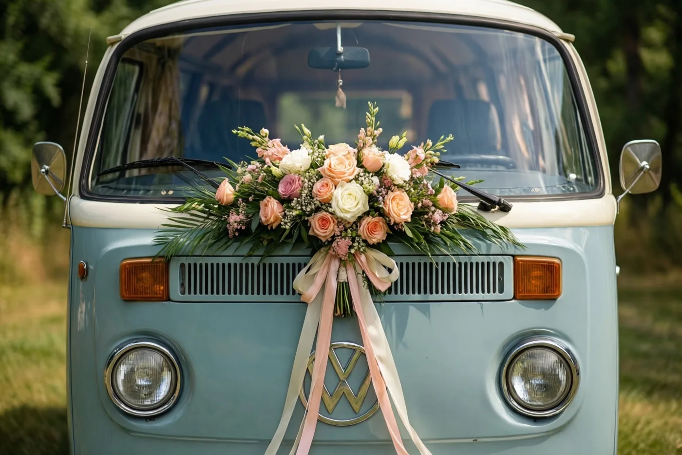 Een lichtblauwe en crèmekleurige kampeerbus uit de jaren zeventig staat op zonnig gras, met roze, perzikkleurige en witte rozen, groen en linten aan de grille en bomen op de achtergrond.