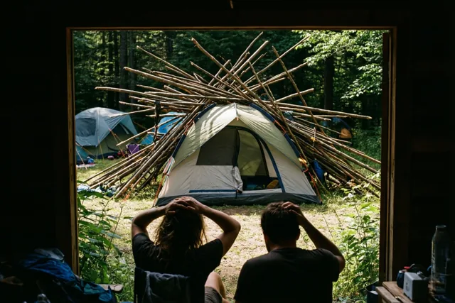 Twee mensen zitten met hun rug naar de camera in een donker houten bouwwerk en kijken uit op een ingestorte tent tussen houten stokken op een zonnige kampeerplek in het bos.