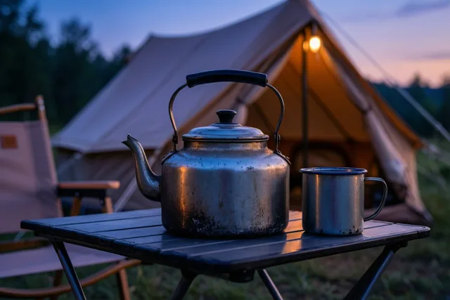 Een oude geëmailleerde kampeerketel en een tinnen mok staan op een klaptafel voor een canvas tent, met warm licht uit de tent onder een blauwe schemerhemel.