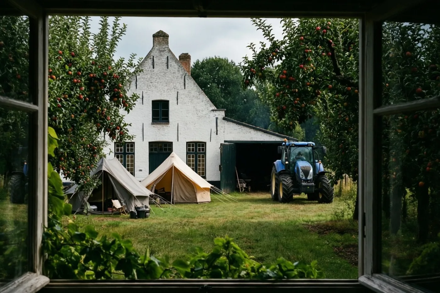Door een open raam zie je twee tenten in een boomgaard en een blauwe tractor bij een witte hoeve, met appelbomen rondom.