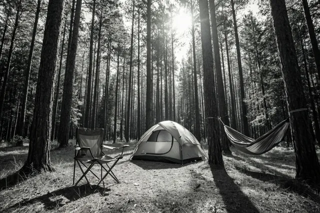 Een zwart-witfoto toont een tent, een kampeerstoel en een hangmat tussen hoge dennen, met fel zonlicht en diepe schaduwen op de bosgrond.
