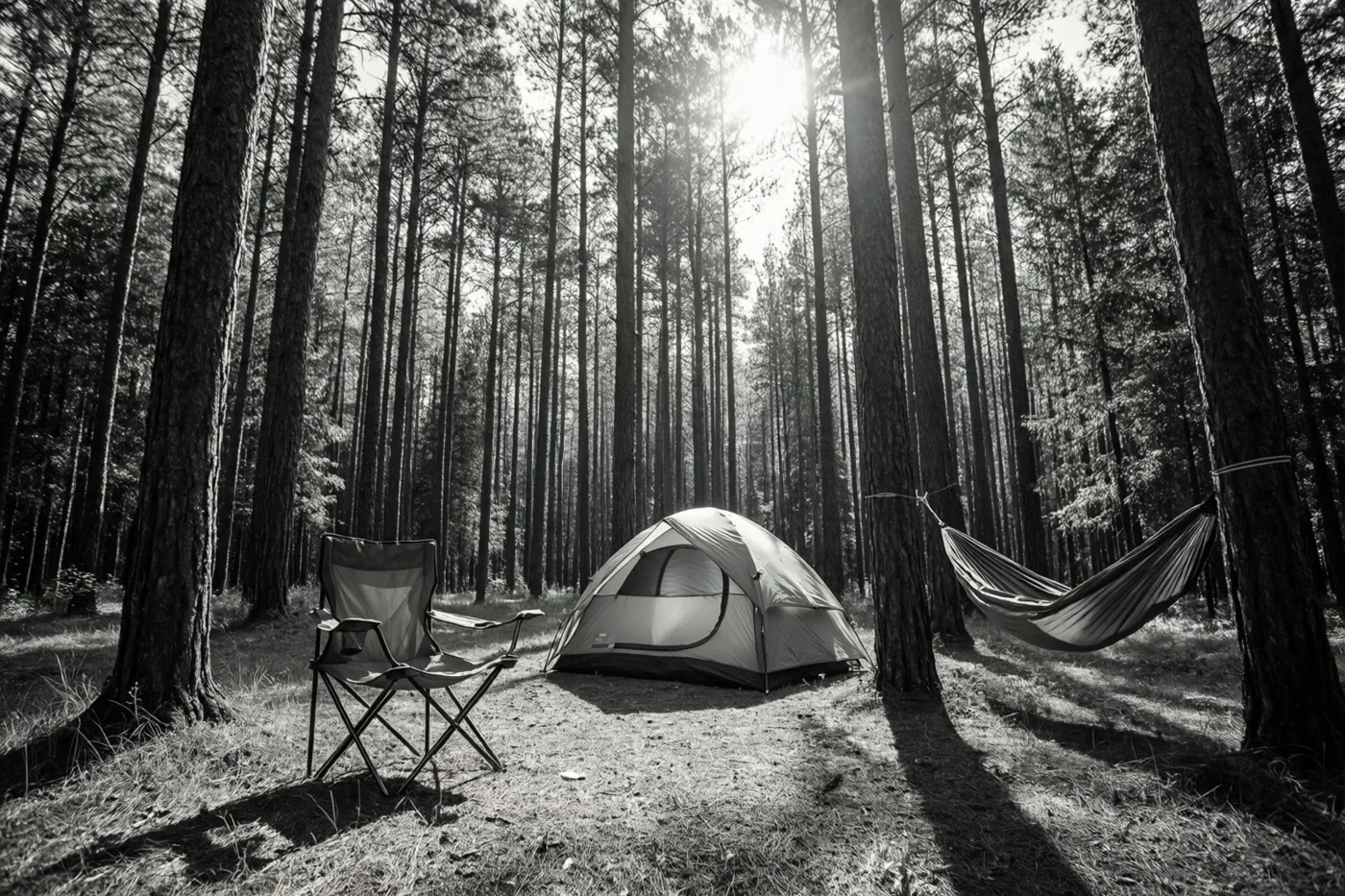 Een zwart-witfoto toont een tent, een kampeerstoel en een hangmat tussen hoge dennen, met fel zonlicht en diepe schaduwen op de bosgrond.