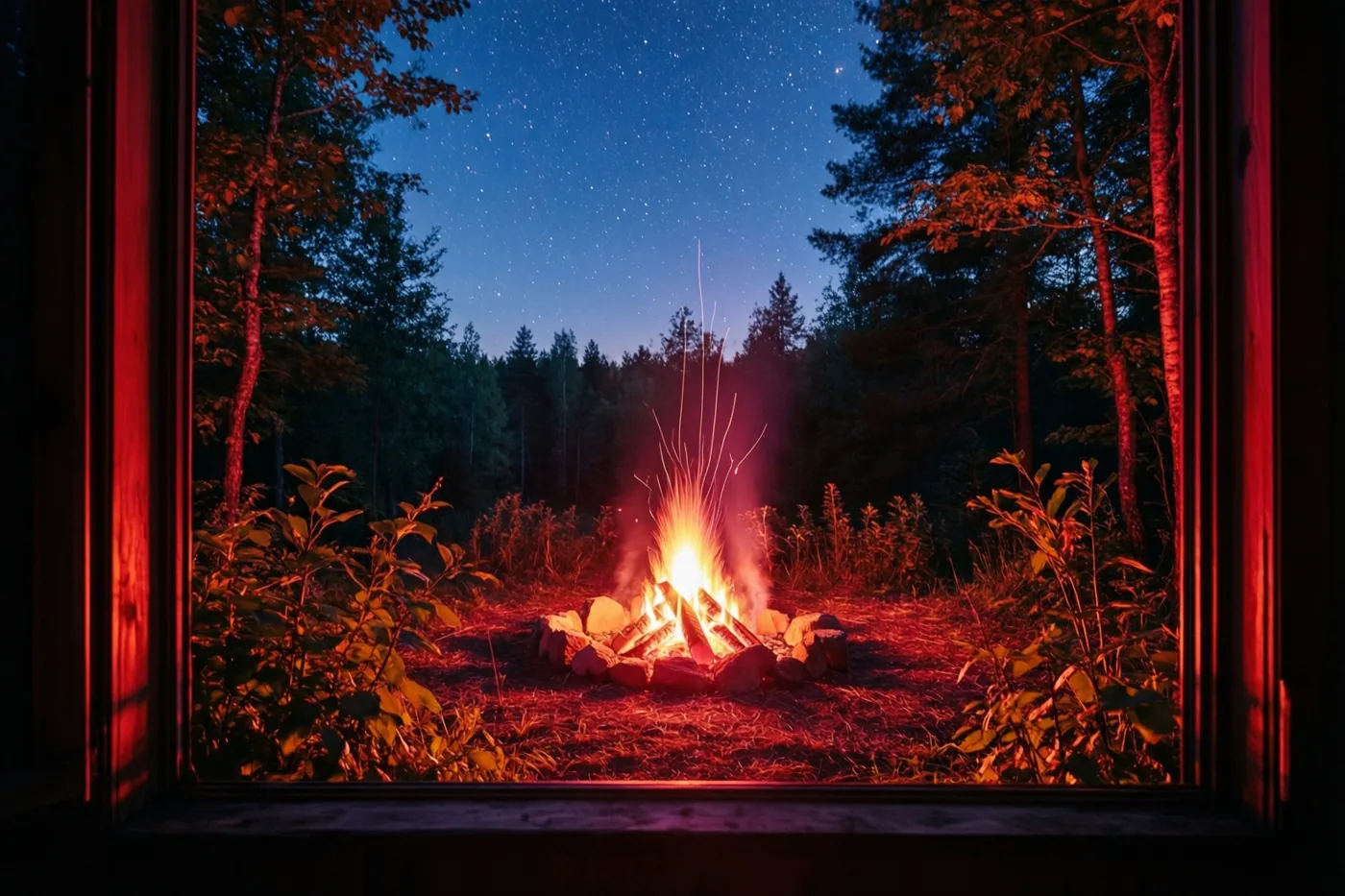 Door een raamkozijn is een helder kampvuur op een open plek in het bos te zien, met oranje en rood vuurlicht onder een diepblauwe sterrenhemel.