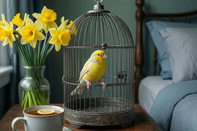 Een gele kanarie zit in een metalen kooi op een houten nachtkastje naast gele narcissen en thee met een schijfje citroen, met blauw beddengoed op de achtergrond.