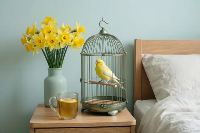 Een gele kanarie zit in een metalen kooi op een houten nachtkastje naast gele narcissen en een glazen mok citroenthee, bij een bed met wit beddengoed tegen een lichtblauwe muur.